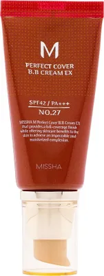 A product shot of a tube of BB cream with its applicator visible at the bottom.