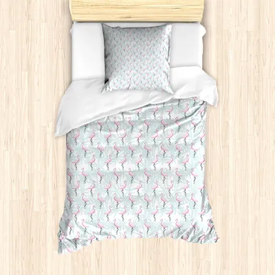 Produktbild von ABAKUHAUS Flamingo Mantele, Palmen Rosa Vögel, Milbensicher Allergiker geeignet mit Kissenbezügen, 135 cm x 200 cm - 80 x 80 cm, Mint Green Pale Pink