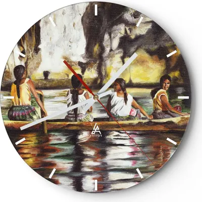 Produktbild von Wanduhr - Rund - Glasuhr - Frau Wasser Boot - 30x30cm - Schleichendes Uhrwerk - Lautlos - zum Aufhängen bereit - Dekoration Modern - Wanddekoration aus Glas - C3AR30x30-3732