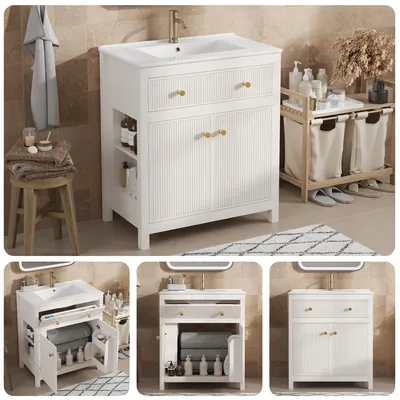 Image de Meuble de salle de bain blanc avec vasque en céramique, meuble sous vasque autoportant, 81x46,5 cm. Ensemble de meubles de salle de bain moderne avec tiroir et porte à fermeture douce, finition dorée