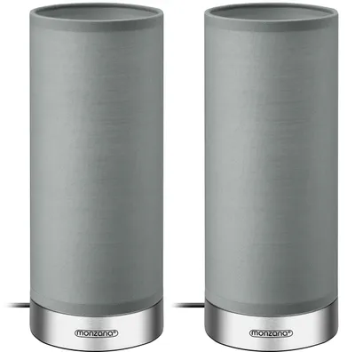 Two identical gray cylinder table lamps with silver bases are shown side-by-side against a white background.