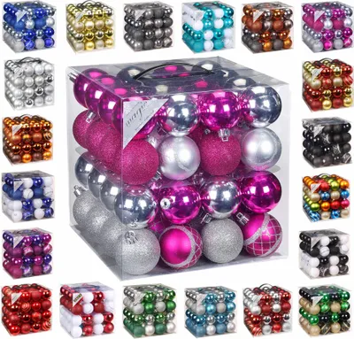 Produktbild von 64x Kunststoff Christbaumkugeln Ø 6cm Kugel Box Glanz Glitzer Matt + Aufhänger Pink-Silber