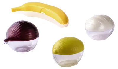 Obrázek produktu pro Sada 4 kusů nádob na skladování potravin do lednice, vhodné pro citron, cibuli, česnek a banány. Nádoby na potraviny s víkem, opakovaně použitelné, vhodné do myčky, vyrobeno v Itálii – sada 4 kusů