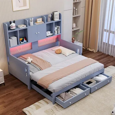 Image de Lit en bois, modèle convertible, 90x190 cm, avec éclairage LED, ports USB, tiroirs, étagères et armoires. Convertible en canapé-lit, idéal comme lit d'appoint. Structure de lit avec sommier à lattes, sans matelas, de couleur grise
