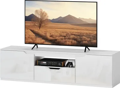 Produktbild von TV-Lowboard Weiß Hochglanz für Fernseher bis 65 Zoll mit 3 Fächern und Schublade 160x38x43 cm