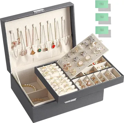 Produktbild von Schmuckkästchen, Schmuck Organizer, 2-lagiger Schmuckorganizer für Ketten, für Halsketten, Ohrringe, Armbänder, Ringe, Uhren (grau)