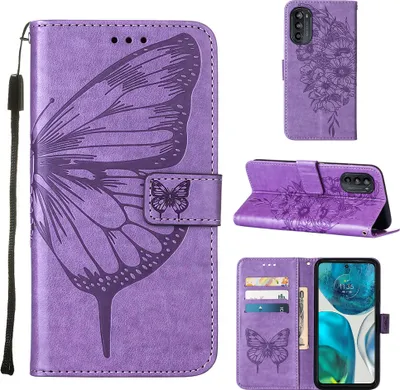 Produktbild von Moto G52 Hülle, Schmetterling Prägung Flip Leder Kartenfächer Schutzhülle Ledertasche mit Ständer für Motorola Moto G52 Violett