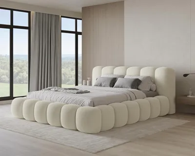 Produktbild von Chilly Möbel Design Bett Stone - Polsterbett mit Bettkasten, Lattenrost und Kopfteil 140x200 cm / Holzrahmen / Bouclé / Beige