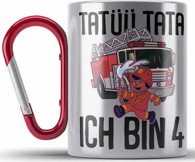 Produktbild von Trendation - 4. Geburtstag Geschenk Jungs Feuerwehr Edelstahl Tasse Karabiner Geschenke Zubehör Lustig Kinder Geburtstag Spruch Ich Bin 4 (Rot)
