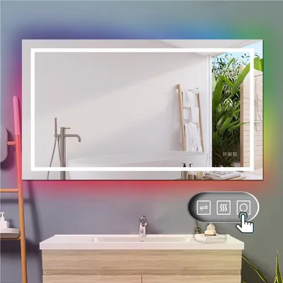Produktbild von Badspiegel mit RGB Hinterbeleuchtung 120x70cm Beschlagfrei 3 Lichtfarbe Dimmbar Speicherfunktion LED Wandschalter 1 Stunde automatische Abschaltung