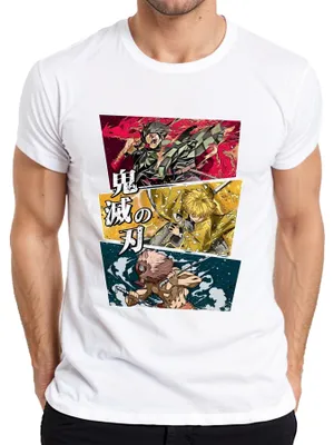 Immagine prodotto di maglietta Kimetsu no Yaiba Tanjiro Zenitsu Inosuke Anime Gift Uomo, Bianco, L