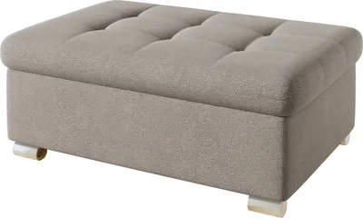 A tufted upholstered ottoman with four short block feet, shown from a front-side angle against a white background.