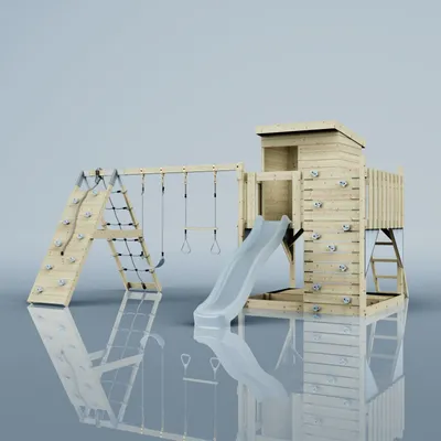 Produktbild von OutdoorToys Spielturm Frida aus Holz in Blau Eisblau, mit Trapezstange