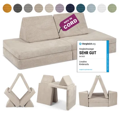 Produktbild von Linodino Spielsofa Cord - Kindersofa | Kinder Couch als Kuschelecke und Indoor Spielplatz | Kinder Sofa aus Schaumstoff Bausteinen I Elfenzauber Beige