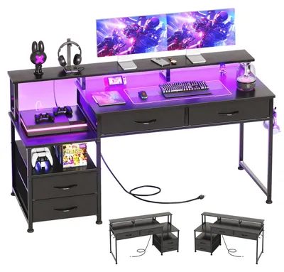 Computerbureau mit 4 Schubladen, LED, Steckdosen, schwarz