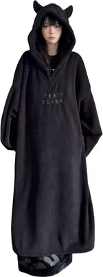 Produktbild von Damen Winternachthemd mit Kapuze, Dämonenhorn-Dekor, Buchstabenstickerei, dicker Plüsch, langärmelig, Lounge-Kleid, locker, einfarbig, knöchellang, Bademantel, Homewear, Nachtwäsche
