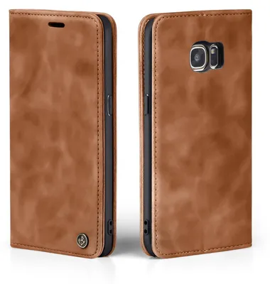 A brown leather flip case for a smartphone, shown from the front and back.