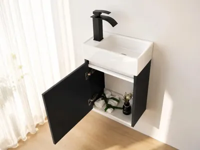 Produktbild von Faizee Home Alkan Badmöbel Set 40 cm Hochglanz – Waschbecken, optional Spiegel & Armatur Schwarz-Unterschrank+ Waschbecken+ Armatur