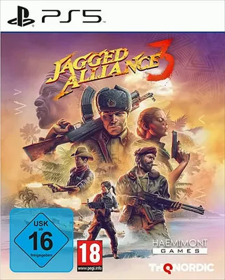 Cover art for the video game Jagged Alliance 3, featuring several characters in a jungle setting.