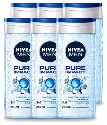 Obrázok produktu pre 6 x Nivea Men sprchový gél Pure Impact 3 v 1 - 250 ml - výhodný balík - 6 kusov