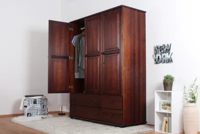 Produktbild von Schlafzimmer - Kleiderschrank Kiefer Vollholz massiv Walnussfarben - Abmessungen: 195 x 154 x 60 cm (H x B x T)