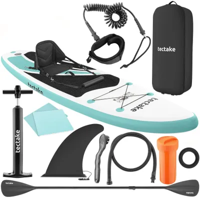 Produktbild von tectake® Stand-Up Paddle Board 2in1 aufblasbar Kajak-Sitz 200 kg Belastbarkeit rutschfest Doppelpaddel 3-Finnen-System, inkl. Pumpe, Rucksack und Repa