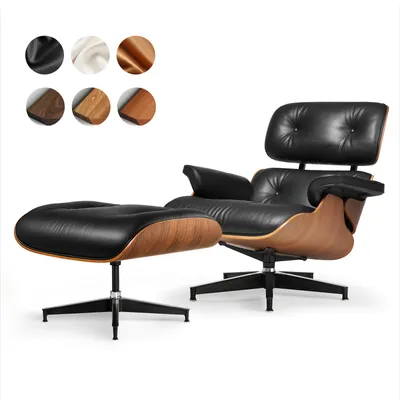 Produktbild von Drehbarer Relaxsessel mit Hocker, schwarzes Kunstleder, gebogene Holzschale, gepolsterter Loungesessel für Wohnzimmer und Büro