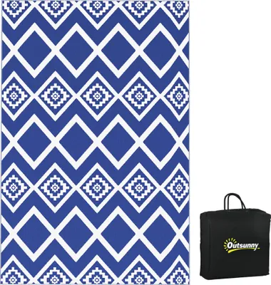 Image de Tapis d'extérieur Fortuna Lai 182 x 274 cm, hydrofuge, tapis en plastique avec sac de transport, idéal pour le balcon et le camping, bleu et blanc