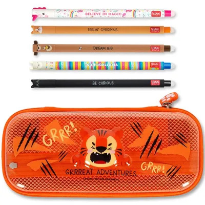 Produktbild von LEGAMI WonderWow Federmäppchen & radierbarer Stift | Set mit 5 niedlichen Tierstiften mit thermosensitiver Tinte + Federmäppchen mit 2 Fächern (Tiger)
