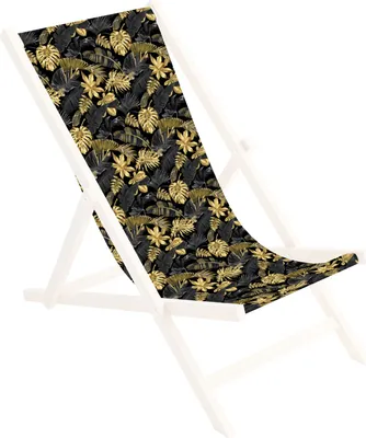 A deck chair with a tropical leaf pattern.
