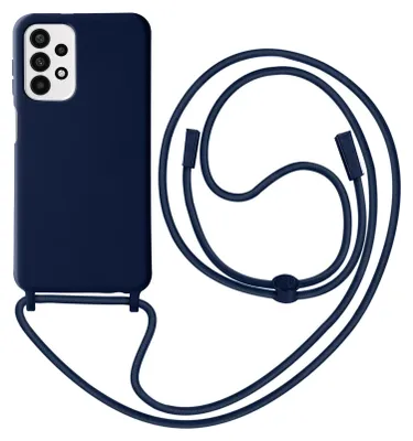 A dark blue smartphone case with a dark blue lanyard is displayed against a white background.