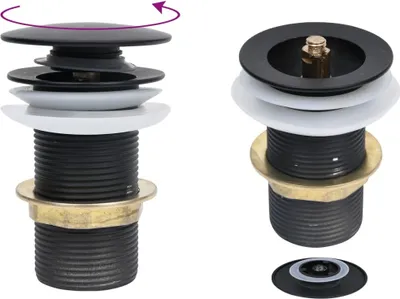Two views of a black pop-up drain assembly with white and gold accents, presented on a white background.