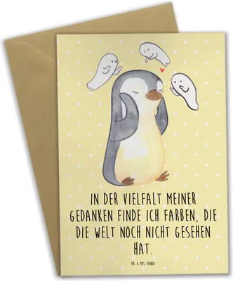 Produktbild von Mr. & Mrs. Panda babykarte Pinguin Schizophrenie - Gelb Pastell - Geschenk, vatertagskarte, Grußkarte, osterkarte, Grußkarten, Psychose, Schizophrene, Gefühlswelt
