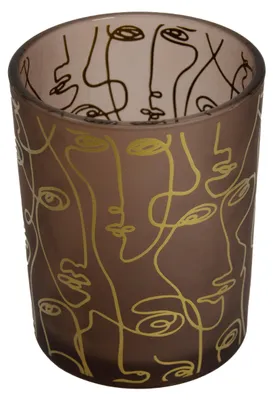 Produktbild von Teelichtglas mit Gesichter Motiv in Braun - 12,5 x Ø 10 cm