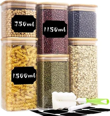 Imagen del producto de Conjunto de 6 recipientes de vidrio para almacenamiento, con capacidades de 750 ml, 1150 ml y 1500 ml. Recipientes de vidrio grandes para almacenamiento, con tapa. Ideales para la cocina, para guardar pasta, copos de avena, frijoles, copos de maíz, etc
