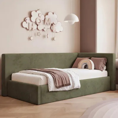 Produktbild von Eckbett Jugendbett Sampre 100x200 cm Olivgrün Rechts Chenille – Bettkasten, Metalllattenrost