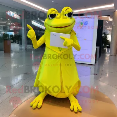 Produktbild von Zitronengelber REDBROKOLY Frosch Maskottchen Kostüm charakter bekleidet mit einem Abendkleid und Geldbörsen
