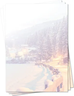 Produktbild von Motivpapier Briefpapier (Winter-5038, DIN A4, 100 Blatt) - tiefverschneite Winterlandschaft mit Bäumen und einem kleinen Teil einer idyllischen Ortschaft mit schneebedeckten Häusern