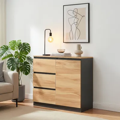 Immagine prodotto di Credenza "Kyr" con 1 anta e 3 cassetti 80 x 40 x 75 cm Nero/effetto rovere rustico