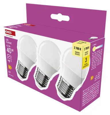 Immagine prodotto di EMOS LED Mini Globe confezione da 3, 4,2W in sostituzione di 40W, lampadina piccola con base E27, luminosità 470lm, bianco caldo 2700K, durata 30000h , ZQ6E21.3