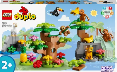 Image de LEGO 10973 DUPLO Animaux sauvages d'Amérique du Sud Ensemble de jouets avec 7 figurines d'animaux, briques et tapis de jeu de la jungle, jouet éducatif dès 2 ans