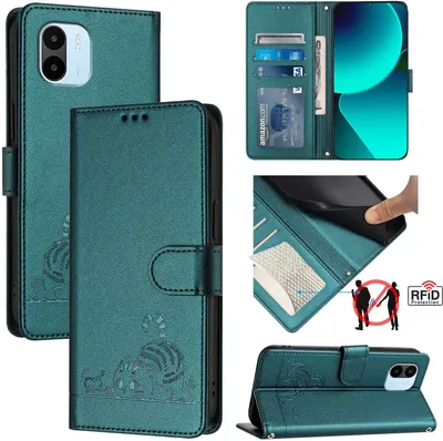 Produktbild von Leder Hülle für Xiaomi Redmi A1/Redmi A2 4G Süße Katze Flip Case Brieftasche Schutzhülle mit Standfunktion Grün