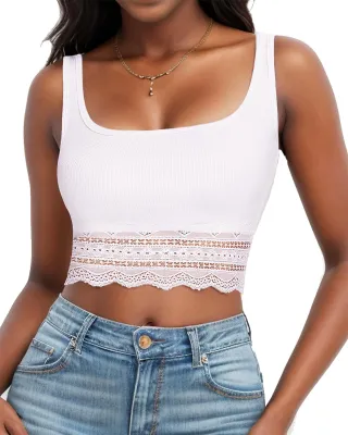 Imagen del producto de Camiseta sin mangas de corte crop para mujer, con encaje y diseño veraniego