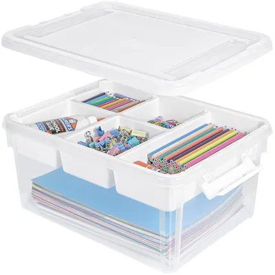 Produktbild von Creahaus 16L Aufbewahrungsbox mit herausnehmbarem Tablett, Kunststoffbehälter mit Deckel und Verschlussschnallen, stapelbare Bastelbox für Kunst, Playdoh, Werkzeug, Basteln, Spielzeug