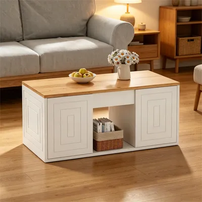Produktbild von okwish Couchtisch Beistelltisch Höhenverstellbar mit Stauraum Wohnzimmertisch Sofatisch mit 2 Schranktüren Für Wohnzimmer Weiß