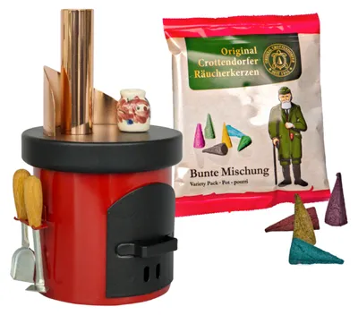 Produktbild von Crottendorfer Räucherofen - Küchenherd in Rot - inklusive Probepackung Bunte Mischung - für Räucherkerzen Größe M
