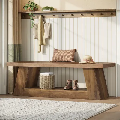 Immagine prodotto di Panca da ingresso Tribesigns da 160 cm, con vano portaoggetti, panca rustica in legno, panca da corridoio stretta a due gradini per soggiorno, camera da letto, cucina, marrone