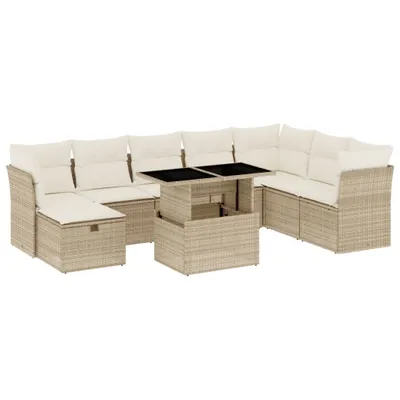 Produktbild von 9-tlg. Garten-Sofagarnitur mit Kissen Beige Poly Rattan