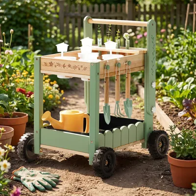 Hölzerner Kinder-Gartenwagen mit 4 Töpfen & Zubehör
