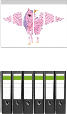 Produktbild von Wallario 6 Stück breite Ordner inkl. Klebeetiketten mit Motive Rosa Einhorn mit großen Flügeln -  Set mit Rückenschildern / Ordnerrücken Stickern